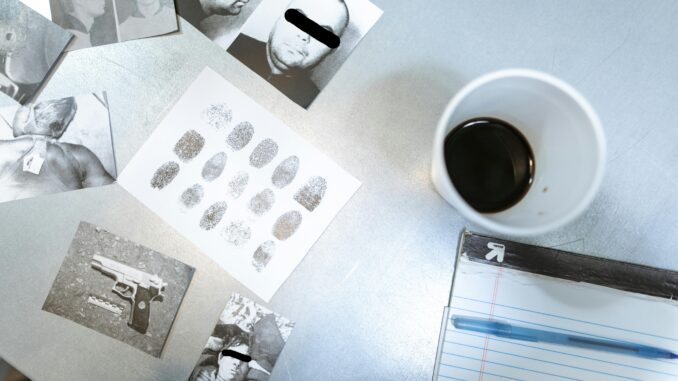 Auf einem Tisch befinden sich eine Tasse Kaffee, Bilder von Verdächtigen und ein Zettel mit Fingerabdrücken.